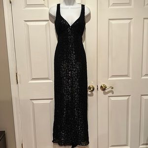 Vintage Hugo Buscati Collection Low Back Black Metallic Lace Evening Gown